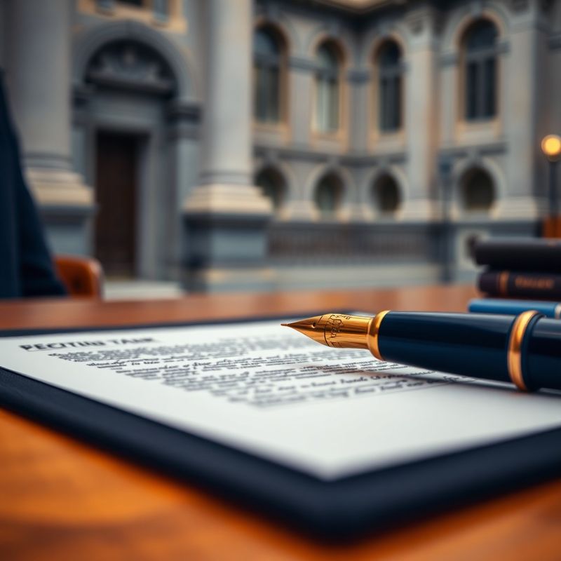 Stilou care semnează un document juridic pe un birou din in închis