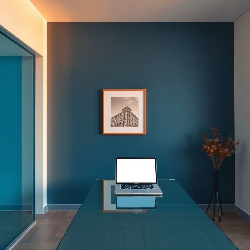 Birou de consultanță minimalist cu perete în tonuri indigo și lumină ambientală rece